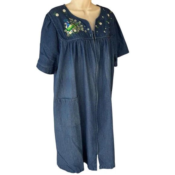 Go Softly Chambray Denim Patio Dress Zip Front Embroidered Pockets Womens XL - Picture 3 of 9